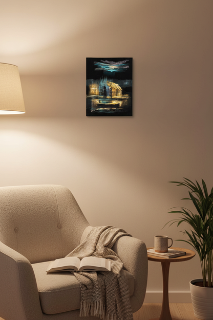 Iraqi marshland mudhif canvas art displayed in small cozy room lifestyle photo