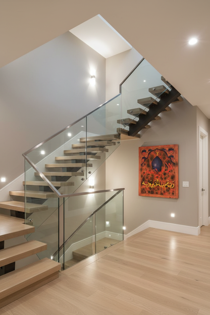 La Hawla wa La Quwwata mosque dome calligraphy panel mounted on staircase wall in elegant home interior
