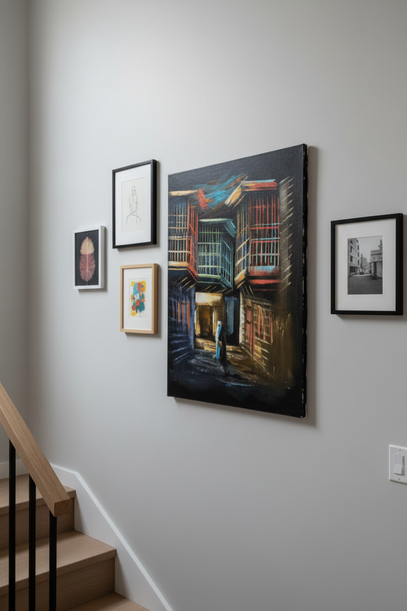 Arabian old city alley night canvas art displayed on staircase gallery wall in modern home lifestyle photo