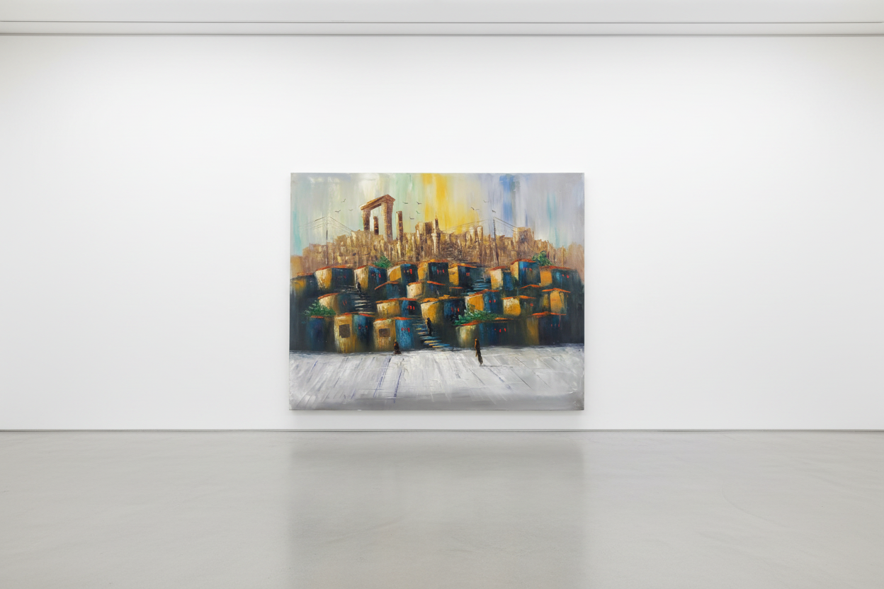 Original abstract Middle Eastern cityscape oil painting leaning against a white gallery wall — frameless canvas display