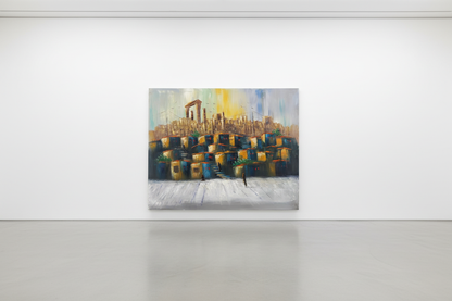 Original abstract Middle Eastern cityscape oil painting leaning against a white gallery wall — frameless canvas display