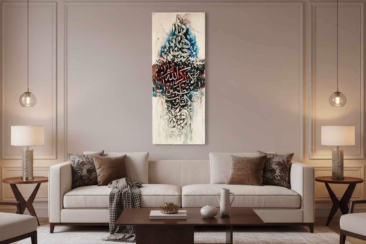 Ala Bidhikrillah Islamic calligraphy canvas wall art displayed in a modern living room, no frame