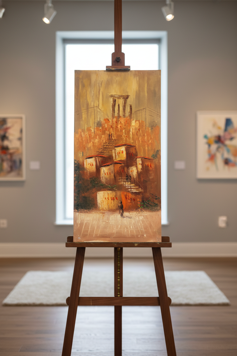 The Ascent oil painting displayed on art easel stand