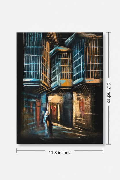 Rainy Night Alleyway oil painting flat lay with dimensions — 11.8 inches wide by 15.7 inches tall, 30x40cm portrait canvas