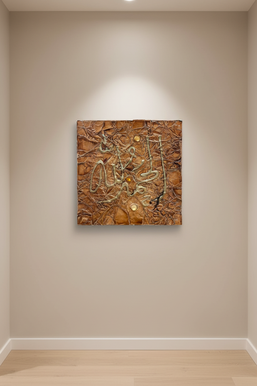 Abstract Islamic calligraphy copper bronze canvas hanging on empty hallway wall – minimal modern interior