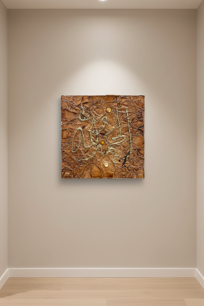 Abstract Islamic calligraphy copper bronze canvas hanging on empty hallway wall – minimal modern interior