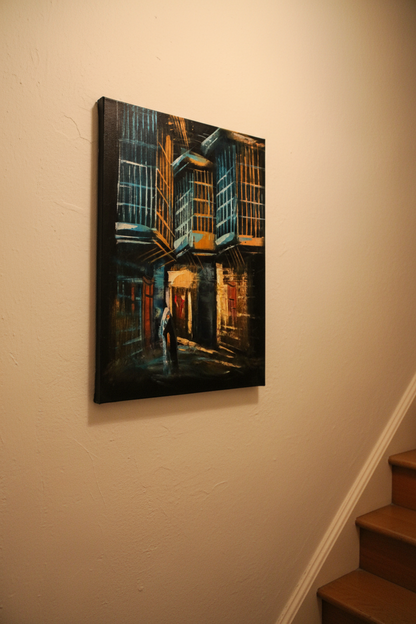 Rainy Night Alleyway oil painting on aged plaster white wall in intimate hallway near staircase — no frame, lifestyle interior staging