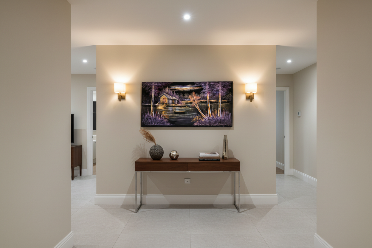 Purple and gold lakeside cabin night scene canvas wall art displayed in elegant hallway