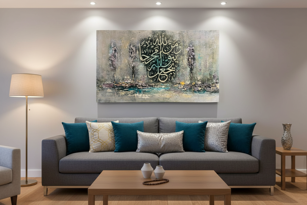 Wa Man Yatawakkal Alallah canvas displayed in a modern living room above sofa