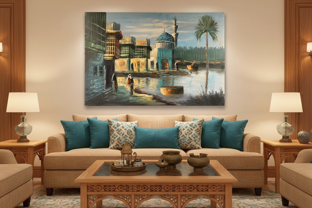 Original Iraqi riverside mosque oil painting hung unframed on wall in an elegant teal and sand family room at true scale 35.43 by 23.62 inches