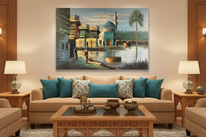 Original Iraqi riverside mosque oil painting hung unframed on wall in an elegant teal and sand family room at true scale 35.43 by 23.62 inches