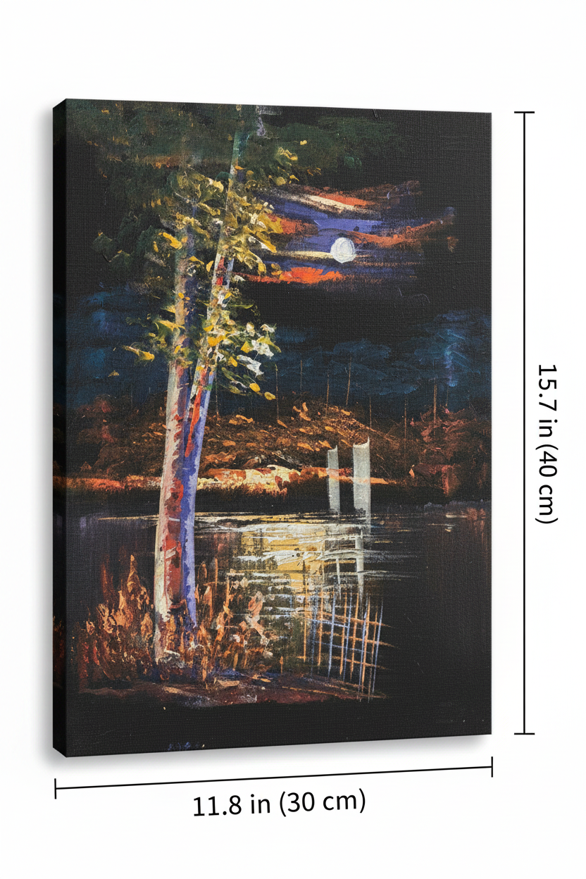 Moonlit forest lake night canvas art with dimensions 11.8 inches wide x 15.7 inches tall 30cm x 40cm