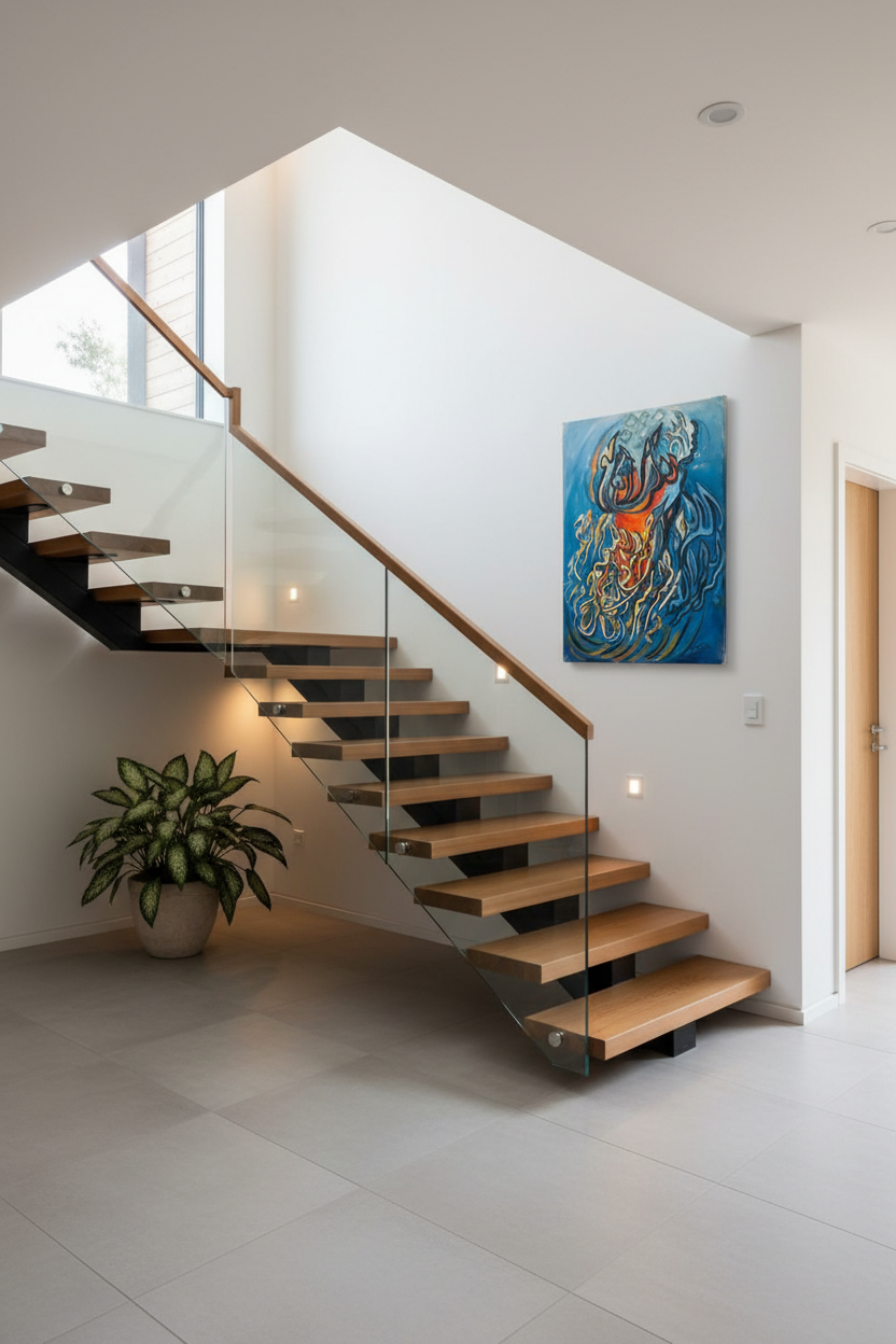 Blue flame Islamic calligraphy canvas mounted on staircase wall in elegant home interior