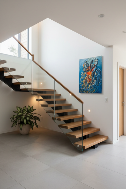 Blue flame Islamic calligraphy canvas mounted on staircase wall in elegant home interior