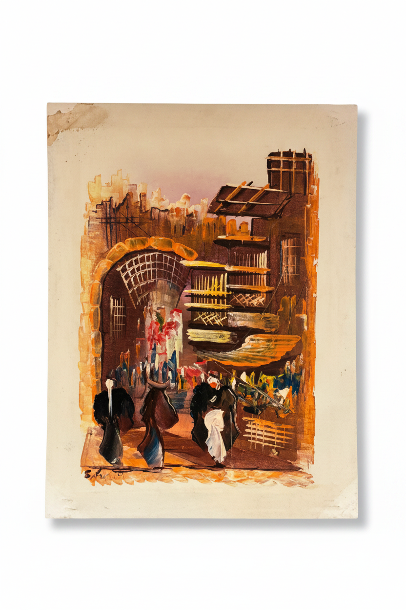 Middle Eastern bazaar oil painting isolated with shadow, no background