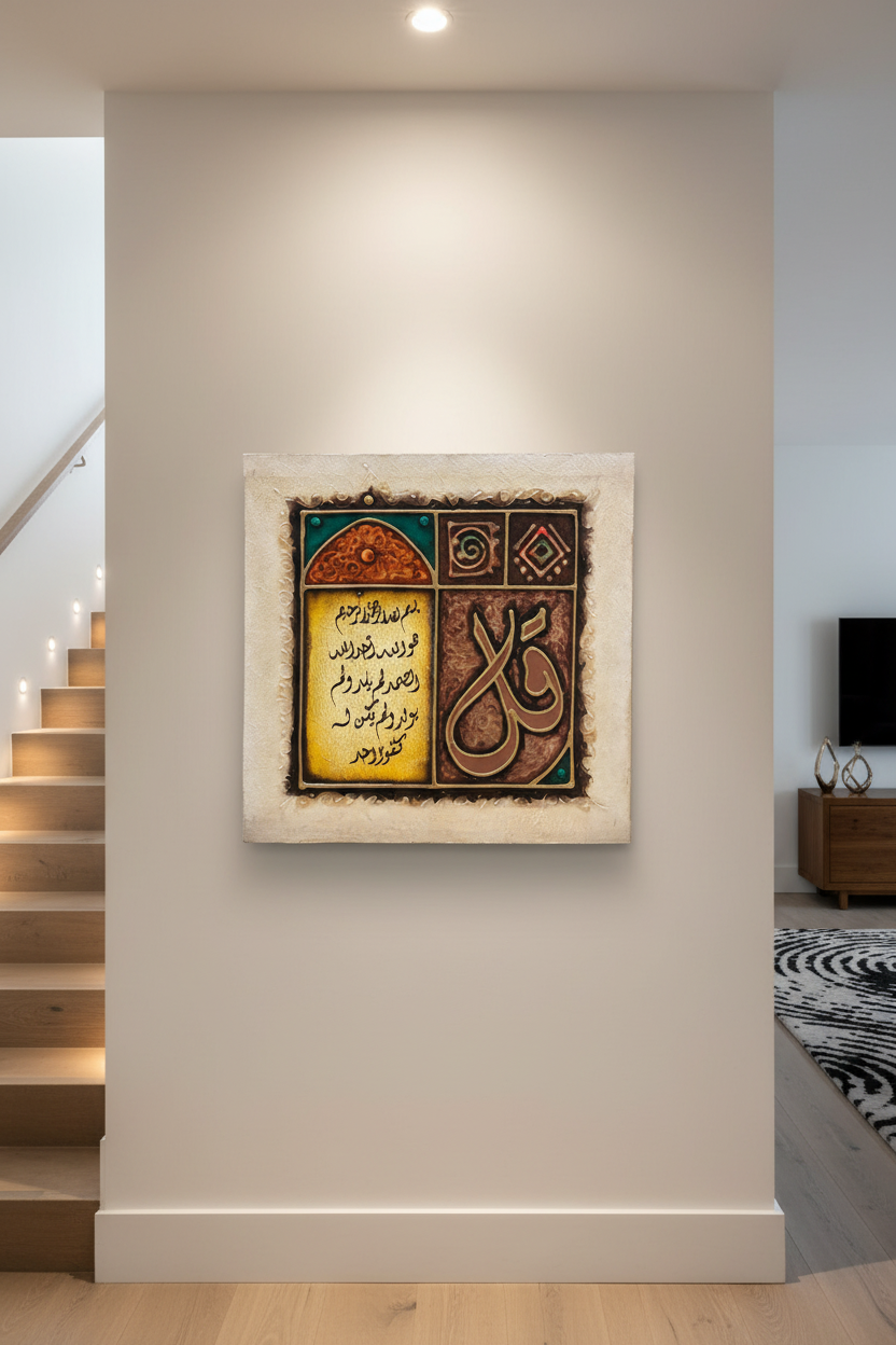 Surah Al-Ikhlas Qul four-panel canvas on staircase wall – 35cm x 35cm square