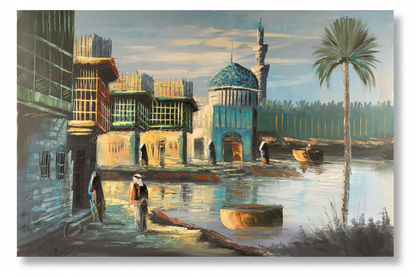Original Iraqi riverside mosque oil painting isolated on white background with natural drop shadow, unframed canvas 35.43 by 23.62 inches