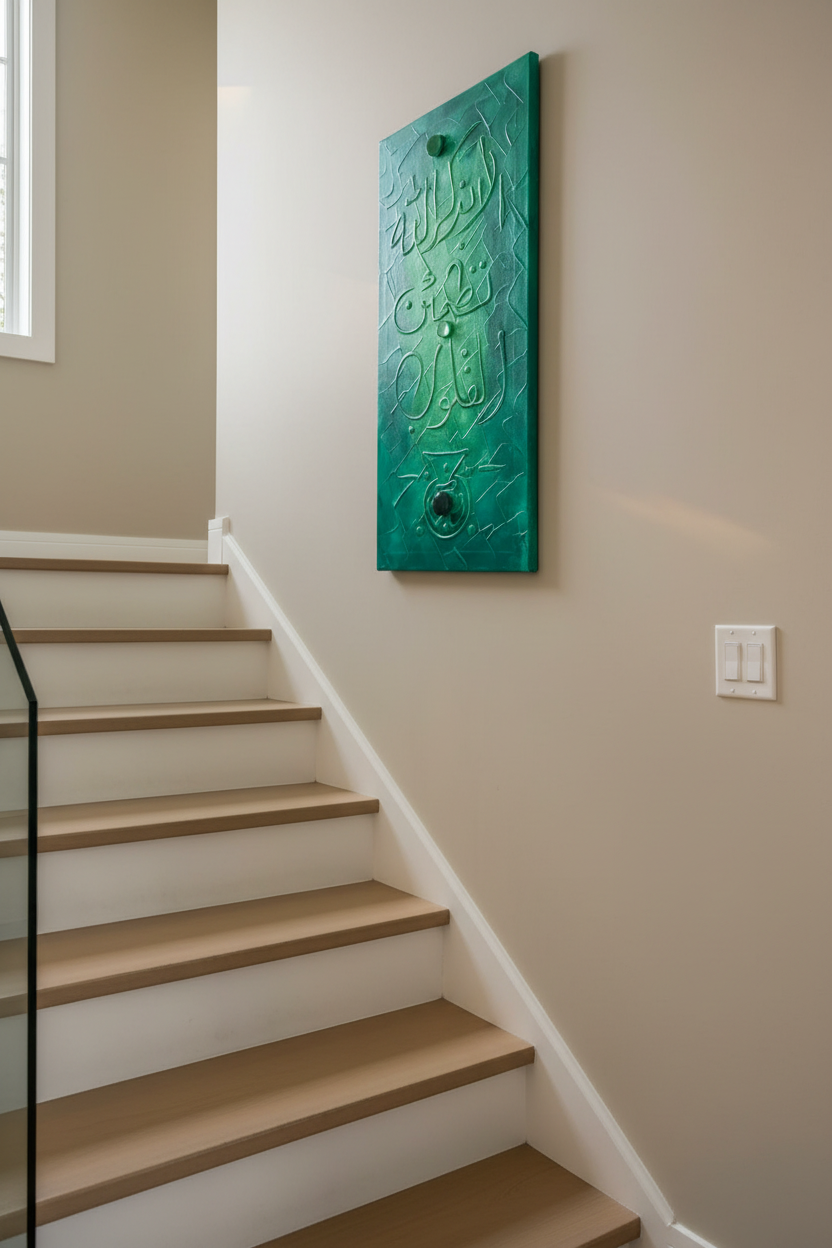 Islamic calligraphy emerald green canvas on staircase wall