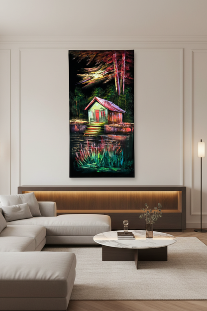 Lakeside Cottage painting displayed in luxury living room area setting