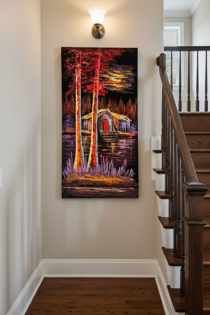 Red Forest Cabin painting displayed in elegant staircase interior setting