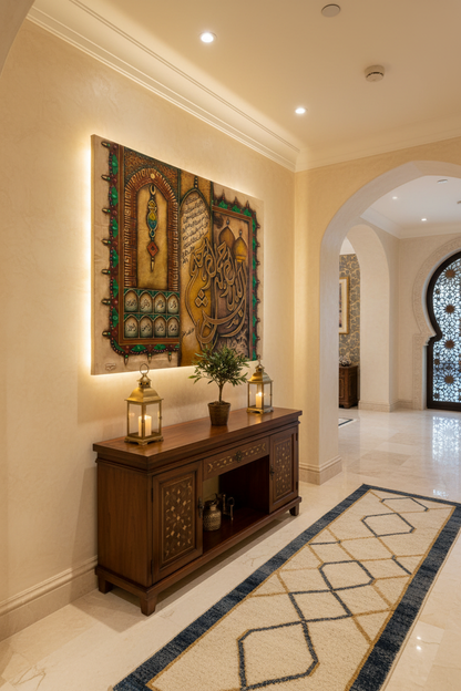 Islamic mixed media canvas art displayed in elegant hallway