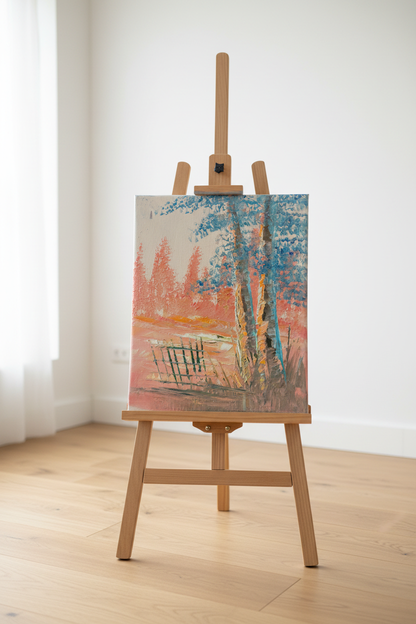 Original colorful forest birch oil painting displayed on wooden easel stand in bright modern interior