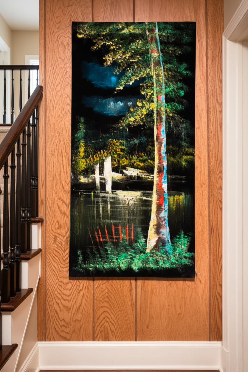 Colorful Birch painting displayed in elegant staircase interior setting
