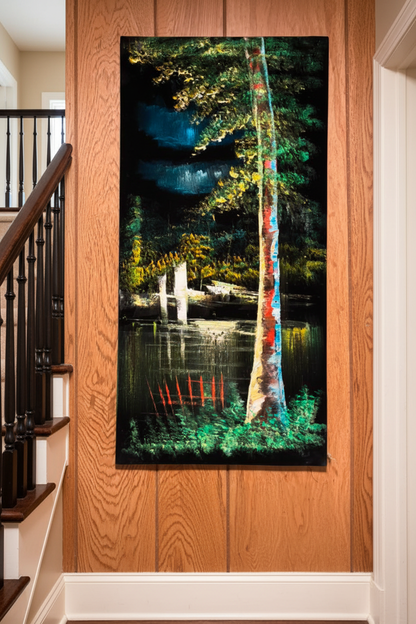 Colorful Birch painting displayed in elegant staircase interior setting