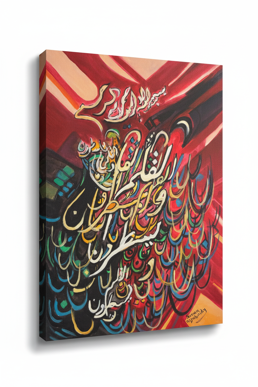 Crimson rays Islamic calligraphy canvas on white background with shadow – 19.69 x 27.56 inches