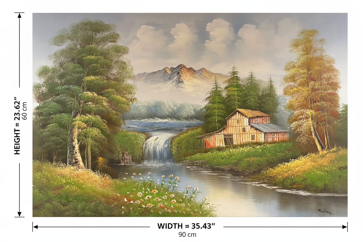 Dimension diagram of countryside mill waterfall oil painting showing width 35.43 inches 90 cm and height 23.62 inches 60 cm on white background