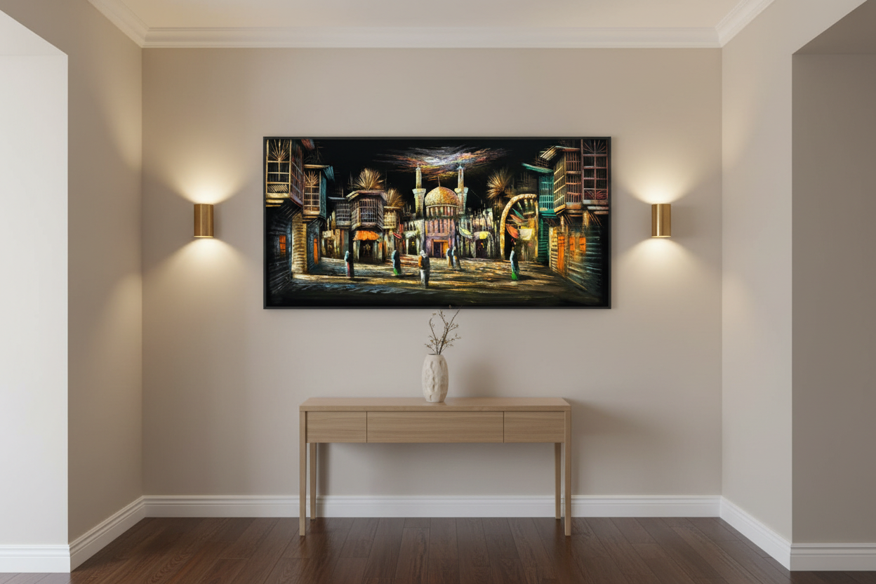 Golden mosque bazaar night scene canvas wall art displayed in elegant hallway
