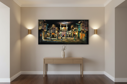 Golden mosque bazaar night scene canvas wall art displayed in elegant hallway