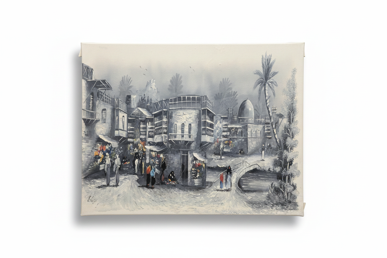 Middle Eastern village market oil painting on white background with shadow, no frame