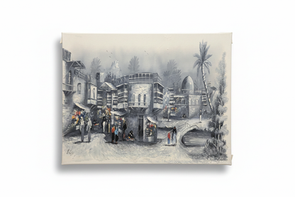 Middle Eastern village market oil painting on white background with shadow, no frame