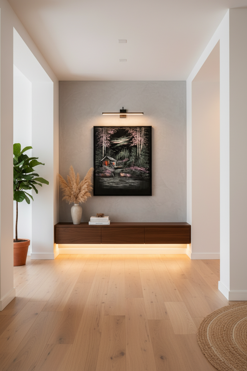 Dark forest cabin night scene canvas art staged in a stylish home hallway
