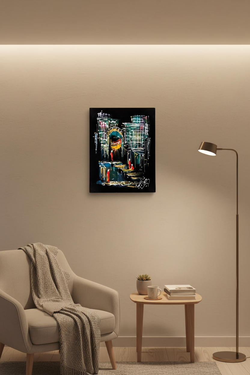 Ancient city gate night abstract canvas art displayed in small cozy room lifestyle photo
