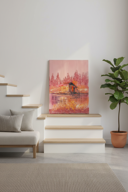 Rustic cabin painting leaning against wall near stairs in luxury home interior