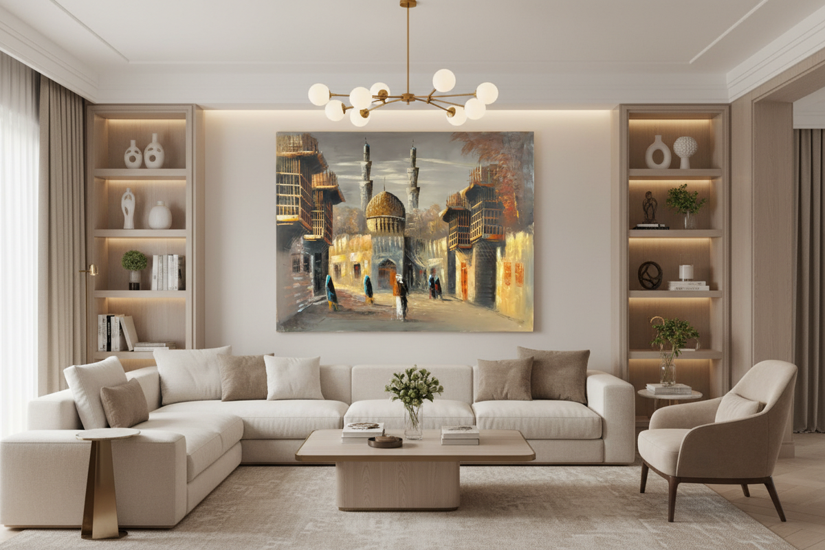 Original Middle Eastern golden dome mosque street oil painting hanging in a luxury family room — frameless wall art, 39.37 x 31.50 inches