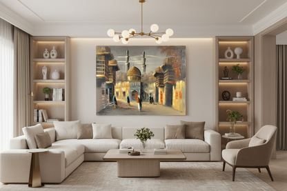 Original Middle Eastern golden dome mosque street oil painting hanging in a luxury family room — frameless wall art, 39.37 x 31.50 inches