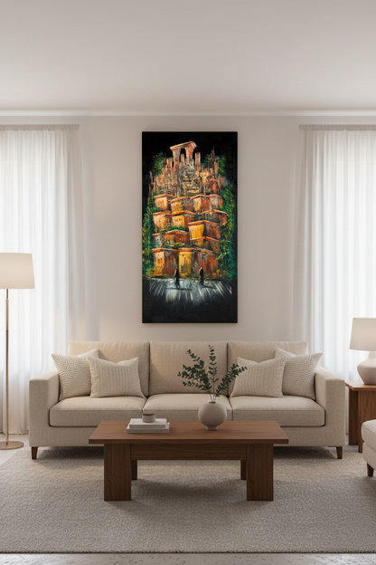 Ancient terraced city painting displayed as statement piece in luxury living room