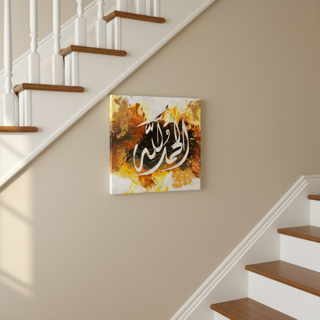 Alhamdulillah golden amber calligraphy canvas hung on a staircase wall at realistic scale