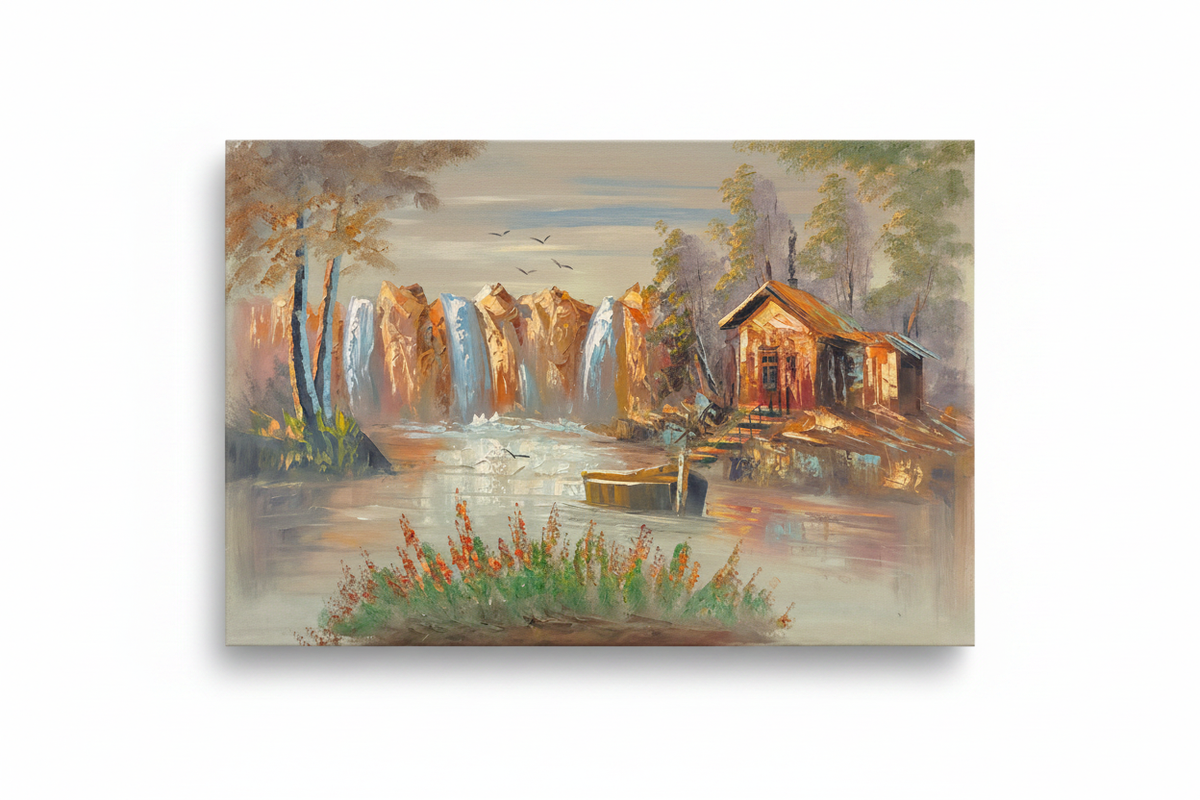 Original autumn canyon cabin waterfall oil painting isolated on white background with natural drop shadow, unframed canvas 35.43 by 23.62 inches