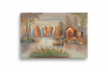 Original autumn canyon cabin waterfall oil painting isolated on white background with natural drop shadow, unframed canvas 35.43 by 23.62 inches