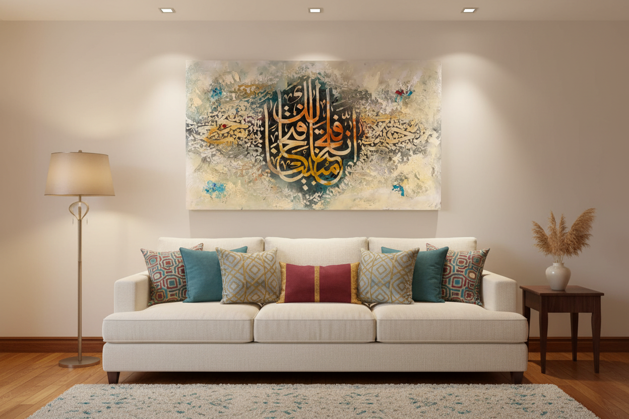 Inna Fatahna canvas displayed in a modern living room above sofa