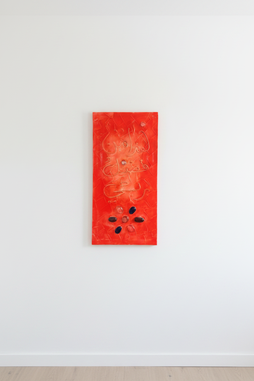 Islamic calligraphy orange-red canvas on empty white wall