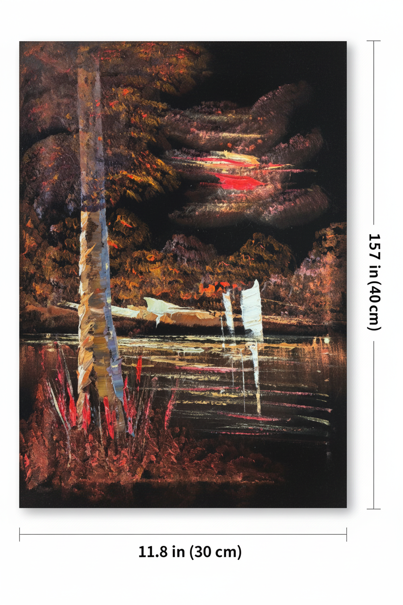 Crimson moonlit forest lake canvas art with dimensions 11.8 inches wide x 15.7 inches tall 30cm x 40cm