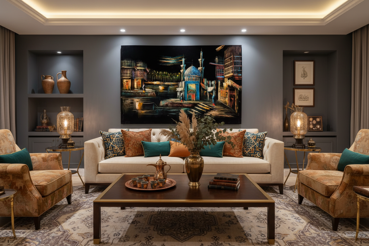 Iraqi old city mosque canvas art in elegant luxury living room — lifestyle interior mockup