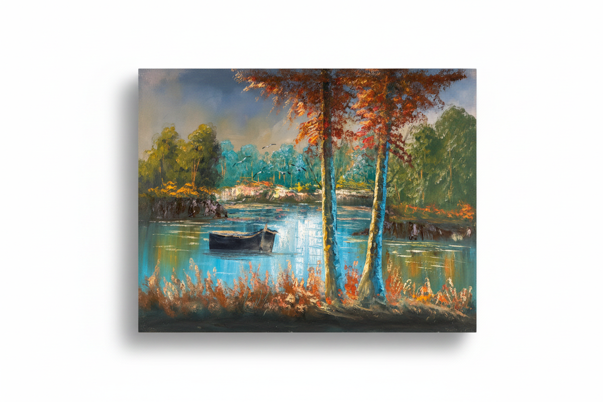 Original autumn lake rowboat oil painting isolated on white background with soft drop shadow — clean product shot