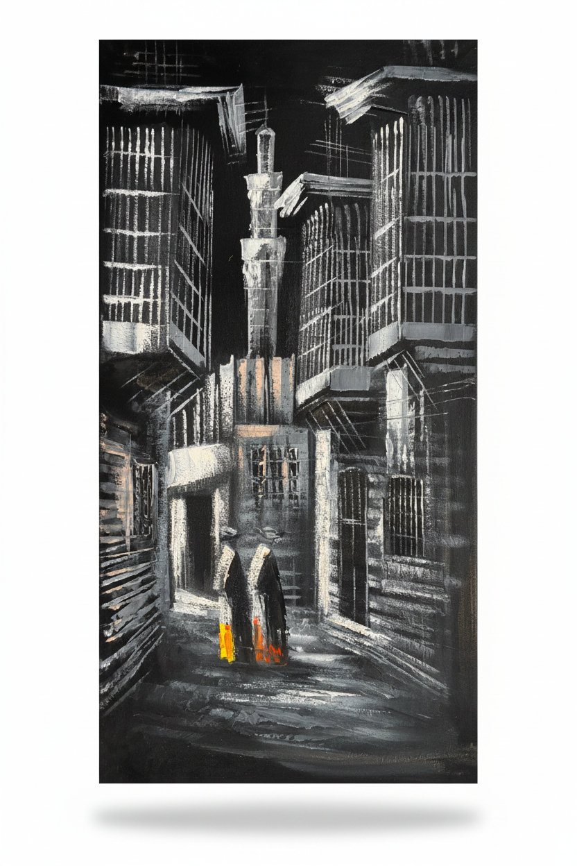 Old City Alleyway with Minaret original oil painting on white background with natural shadow