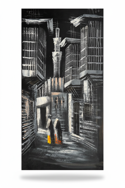 Old City Alleyway with Minaret original oil painting on white background with natural shadow
